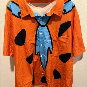 Orange Novelty Button-Down Casual Shirt with Blue Tie Print